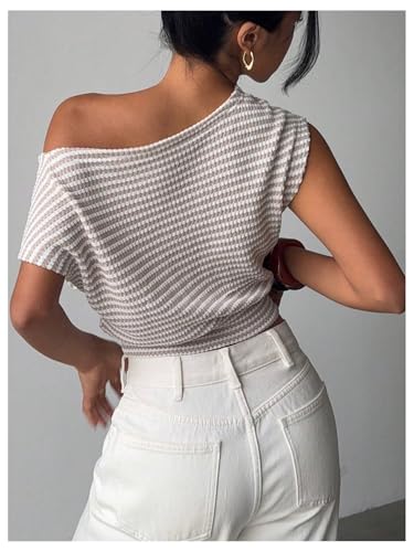 GORGLITTER Women's Off The Shoulder Striped Crochet Sweater Cap Sleeve Asymmetrical Knit Business Casual Pullover Top2