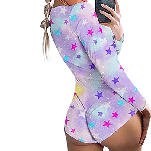 Women Bodycon Jumpsuits, Deep V Neck Shorts Jumpsuit Long Sleeve One Piece Bodysuit Pajama Bodycon Rompers Overall (B-Purple Stars, M)