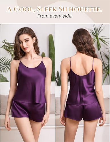 Image of THXSILK 100% Mulberry Silk Women Cami Pajama Set, Tank Top with Shorts Sleepwear, Adjustable Spaghetti Straps, Luxury Pj Set