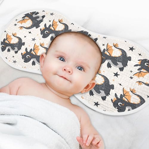 Image of Muslin Baby Burp Cloths Set of 2, Soft Absorbent Cartoon Black Dragon and Stars Muslin Washcloths, Bibs, Face Towel for Newborn Boys Girls, 22 x 11 Inch
