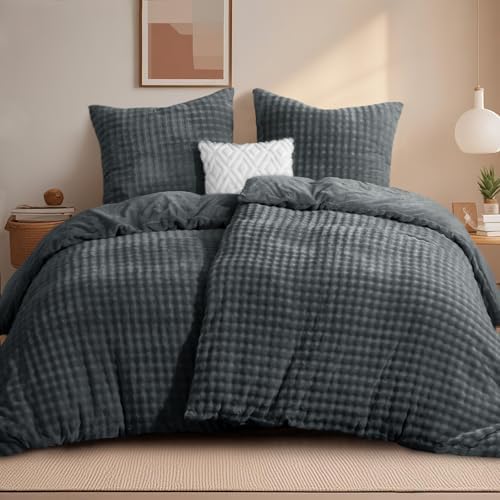 RUIKASI Winter Plüsch Bettwäsche 135 x 200 Flanell 4teilig Grau, Oeko-TEX | Warme 3D Bubble Fleece Kuschelig Flauschig Winterbettwäsche, Bettbezug mit 2 Reißverschluss und 2 Kissen
