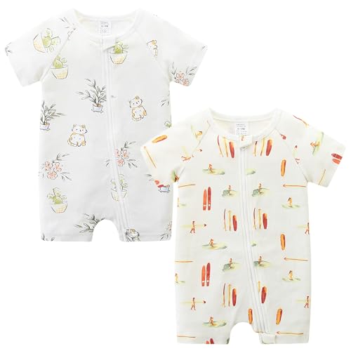Image of JingleBaBa Unisex Summer Trendy 2-Pack Rompers Short Sleeve Zipped Bodysuit Infant Cotton Outfits