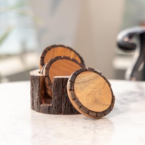 Image of Ireka Home Vriksha Wooden Coasters with Carrier - Set of 4 | Stylish Drink Coasters, For Home & Office