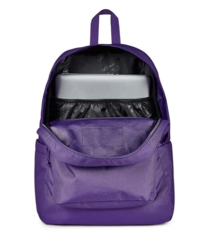 Image of JanSport SuperBreak Plus Backpack with Padded 15-inch Laptop Sleeve and Integrated Bottle Pocket - Spacious and Durable Daypack for Work and Travel, Daydream Contrast Purple /Blue /Purple /Mul