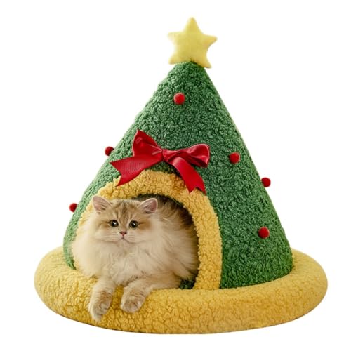 Fiozwea クリスマスキャットベッド、冬暖かい、半密閉型、クリスマス犬用ベッド、ペットソックス、かわいいラムウールマット、滑り止め、耐摩耗性、変形防止 (S,A)