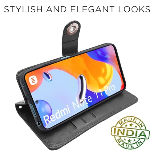 Image of Pikkme Redmi Note 11 Pro /Note 11 Pro Plus 5G Flip Cover Leather Finish | Inside TPU with Card Pockets | Wallet Stand and Shock Proof | Complete Protection Button Flip Case (Black)