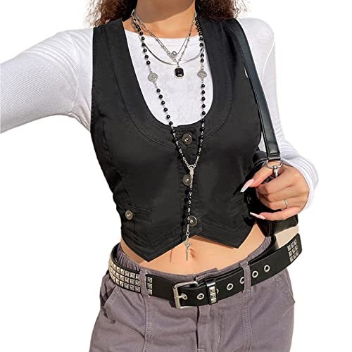 XBTCLXEBCO Women's Dressy Waistcoat Racerback Button Vest Jacket Vintage Steampunk Sleeveless Tuxedo Suit Vest Crop Tank Top2