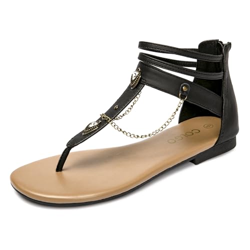 Colgo Thong Flat Sandals with Chain, Ankle Strap Zip Closure Flat Sandals, Women's Casual Sandals for Summer Party