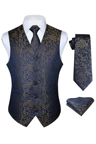 HISDERN Chaleco Hombre Vestir Boda Chaleco y Corbata y Pañuelo de Jacquard Floral Chalecos Traje Hombre Elegantes Fiesta Azul Marino L