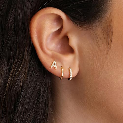 Ritach Gold Earrings for Women Girls - 3 Pairs Gold Huggie Hoop Earrings CZ Initial Stud Earrings for Women Teen Girl Gifts Hypoallergenic Cartilage Earring Set for Multiple Piercing2