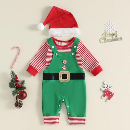 Image of Baby Boy Christmas Outfit Elf Newborn Romper Pants Set With Hat | Long Sleeve Bodysuit, Striped Romper Overalls Set, Baby Boy Elf Outfit, Fall Winter Clothes With Hat, My First Christmas.