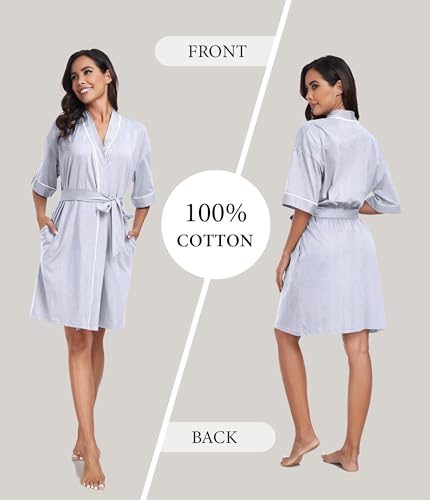 Image of ANLIQI Womens 100% Cotton Robes Lightweight Summer Short Sleeve Lady Bathrobe Knee Length Kimono Robe Sleepwear with Pockets