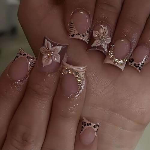 24Pcs Brown Flower Press on Nails Short Square French Tip Fake Nails 3D Flower with Rhinestones Glossy Design Leopard Print French Tips False Nails Diamond Floral Stick on Nail for Women Manicure Kit