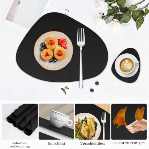 Famibay Platzsets Abwaschbar Tischsets Leder Platzdeckchen rutschfest Schwarz Tischset und Untersetzer 4er Set Hitzebeständig für Tisch… – Ansicht 4