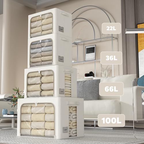 Image of FHSQX 2 Pack Clear Window Storage Bins Large Stackable Linen Fabric Storage for Clothes Foldable Container Organizer Set with Carrying Handles (Lvory White, 19.7x 15.7x 12.6 Inch)