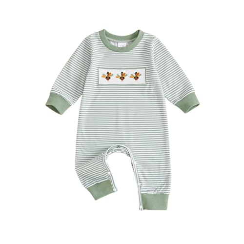 Infant Newborn Baby boy Thanksgiving Outfit Turkey Embroidery Striped Long Sleeve Romper Jumpsuit (Green 0-3 Months)