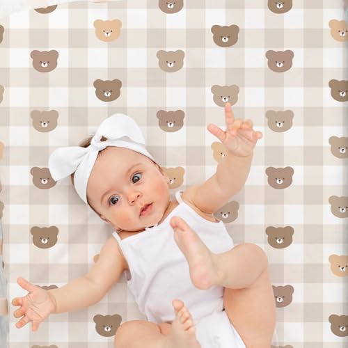 Image of 4 Pack Teddy Bear Crib Sheet Set for Boys or Girls, Neutral Soft Breathable Fitted Checkered Crib Sheet, Bear Nursery Decor for Standard Crib and Toddler Bed Mattresses 28 x 52 in