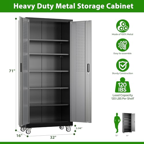 Image of Aobabo Upgraded Garage Storage Cabinets with Wheels,Metal Storage Cabinets with 5 Adjustable Shelves for Garage Home Office Storage, Black&Dark Grey,71''H*32''W*16''D,Assembly Required