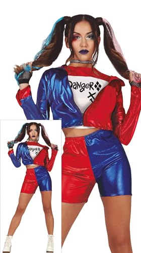 FIESTAS GUIRCA | Disfraz Dangerous Glam Adulta (44-46/XL) - Camiseta, Chaqueta y Pantalón para Mujer - Ideal para Halloween, Superhéroes y Villanos, Mr. Smile y Fiestas Temáticas - Rojo y Azul