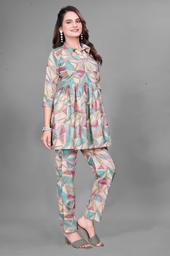 Image of Women Crepe 3 /4 Sleeves V Neck Cord Set Featuring Floral Pattern Design 2 Piece Ethnic Wear Set
