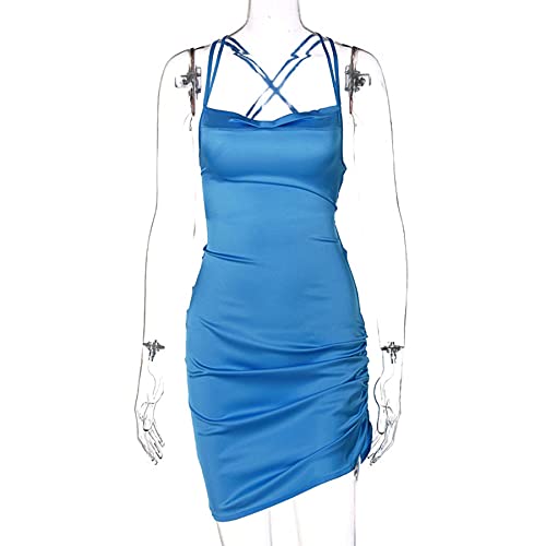 Image of JUMISEE Women Satin Ruched Lace Up Bodycon Mini Dress Sexy Backless Spaghetti Strap Party Dress for Cocktail Clubwear