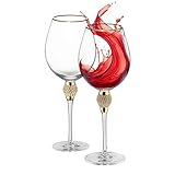 Rimmed Red Wine Glasses with Diamond Rhinestone Accent 18 oz, 10 Inches Tall Perfect Toasting Glasses for Bride and Groom Great for Party Wedding Anniversary and Special Occasion (Gold, Set of 2)
