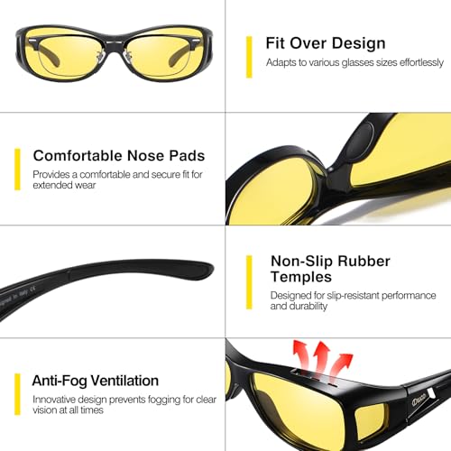 DUCO Night Vision Driving Glasses Fit Over Glasses for Men and Women Anti Glare Polarized Yellow Nighttime Lens 8953Y3
