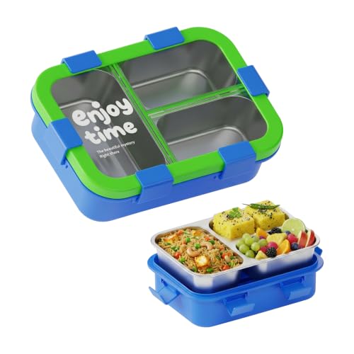 Image of ATTRO JoyBox Steel Lunch Box, 3 Compartment, Stainless Steel Inner Tray, Leakproof Airtight Lid, 4-Side Locks, BPA-Free Food Grade Lunch Box for Kids, School & Office - Green Blue-750ml