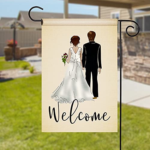 Chengxun HYQ0522 Welcome Watercolor Bride And Groom Wedding Garden Flag Vertical Double Sized thumb #1