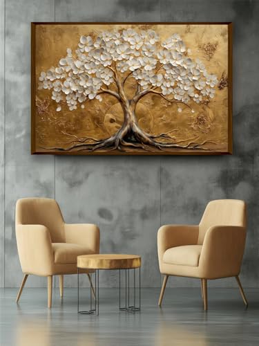 Image of Artsense Golden Tree of Life Wall Art Painting | Luxury Floral Tree Artwork with Birds | Nature Inspired Living Room Bedroom Office Hotel Wall Decor | Modern Abstract Botanical Wall Painting