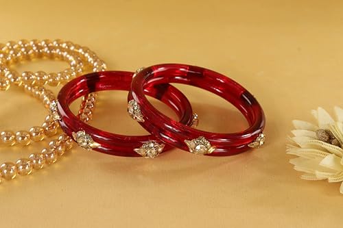 Image of NMII Diamond Glass Bangles Crystal Kada Set For Women & Girls Adorned with Golden Zircon Stones | Trending Girls Bangles Bracelet | Transparent Chudi Kangan For Wedding, Party, Daily, Ethnic- Set of 2