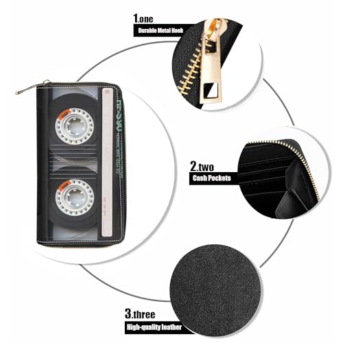 Women's Retro Music Cassette Print Wallet, Large Capacity, PU Leather, Zipper Clutch Purse, Phone Wallet4