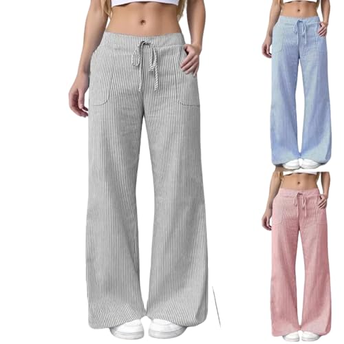 Womens Striped Linen Pants Low Rise Plus Size Fashion Drawstring Elastic Waist Casual Palazzo Trousers With Pockets