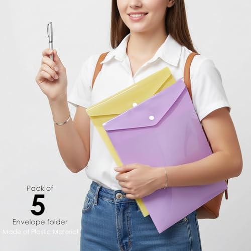 Image of Shuban A4 Plastic File Folder Document Organizer, Plastic File Holder with Snap Button, Waterproof Certificate Folder for Office, School, Home (Style-2-Plain Folder - 5 Pcs -Multi Color)