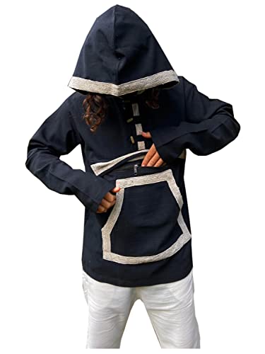 Handmade KINO Organic Hemp and Cotton Mens Hoodie Black, Long sleeves Pockets Handmade Eco friendly Boho Earthy Primitive Ceremony Festival AJJAYA