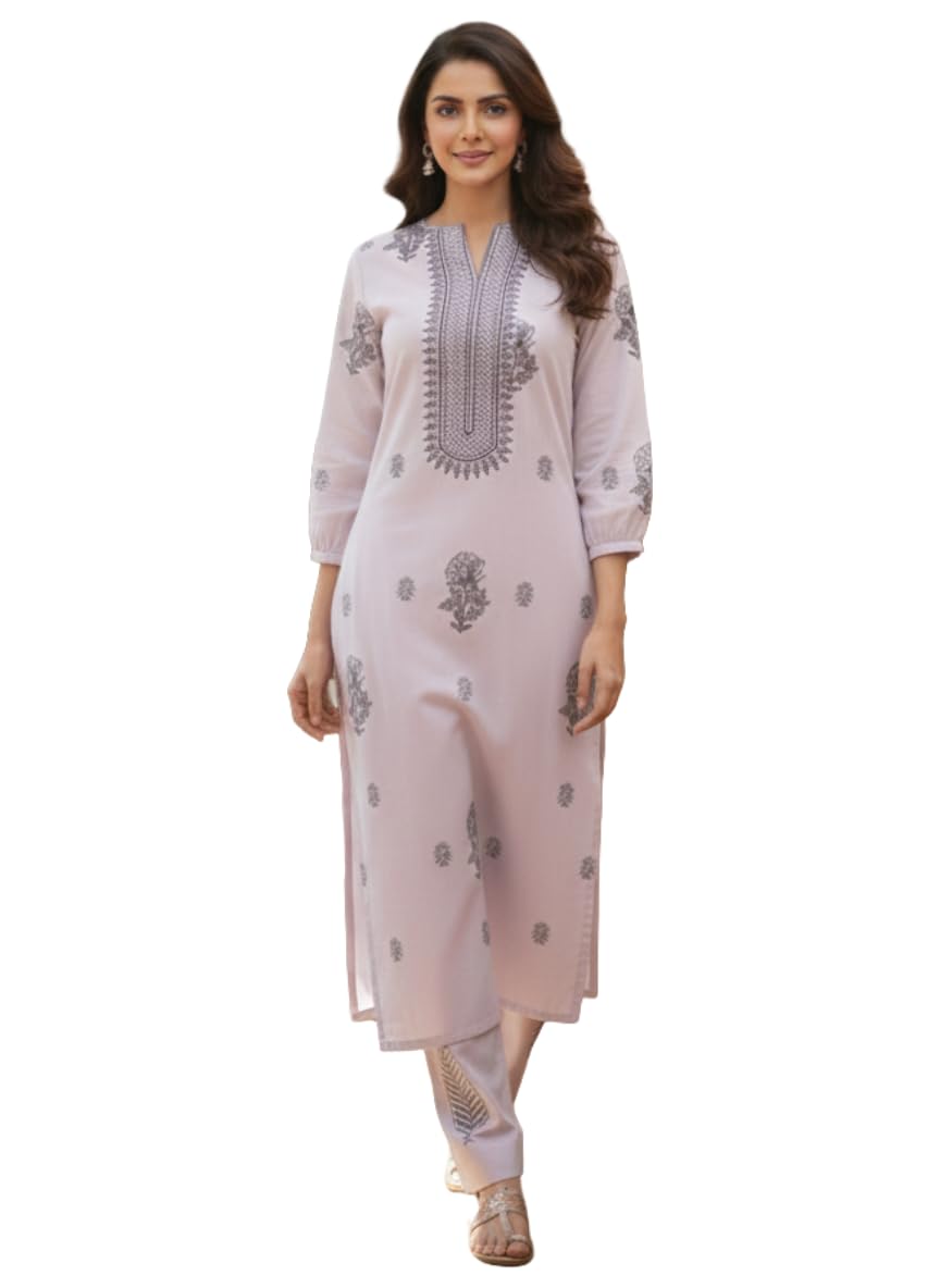 ANNI Designer Completo kurta da donna con stampa dritta in viscosa di rayon con pantaloni palazzo, set kurti etnico da donna, comodo per tutti i giorni, ufficio e abbigliamento casual, viola, 3XL