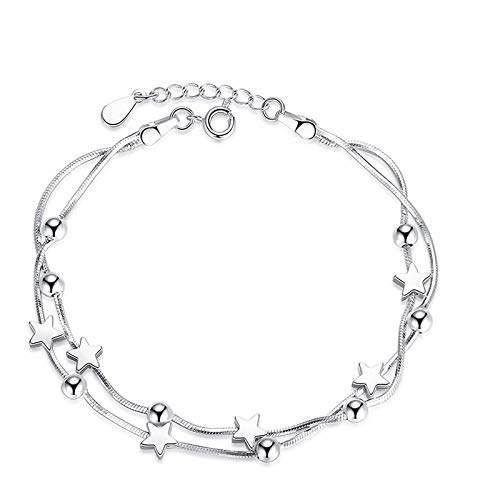 Bracelet de manchette argent 925 double chaine etoiles bijoux mode femmes