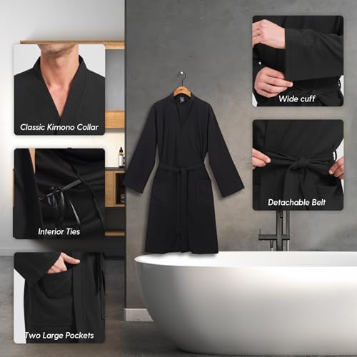 FashGudim Mens Lightweight Waffle Knit Robe Soft Kimono Spa Bathrobes Knee Length Summer Robes3