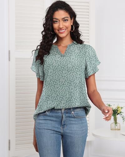 LOUSGUTA Chiffon Blouses for Women Short Sleeve Business Casual Work Chiffon Tops Ruffle Puff Petal Sleeve Shirts V Neck3