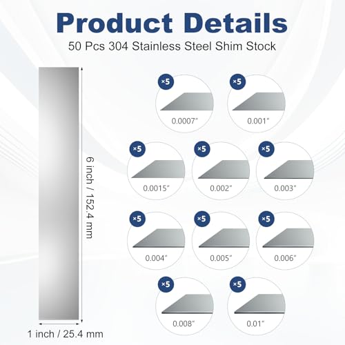 Image of 50 Pcs Shim Stock Assortment, 304 Stainless Steel 1 inch Width x 6 inch Length Metal Shims for Leveling, Gap Filler Trim Strip, DIY & Industrial Use (0.001 inch-0.01 inch Thickness)