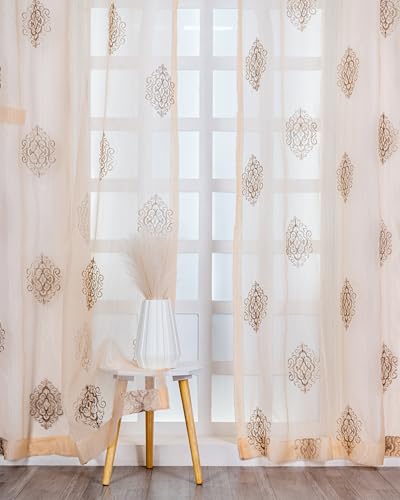 Image of (7 ft Sheer Tissue with Embroidery Damas Design|Grommet Curtains Window Long Curtain|Tissue Fabric Window Single Curtain (Golden&Light Brown) for Home|(Pack of 1) 213 LX121 W cm