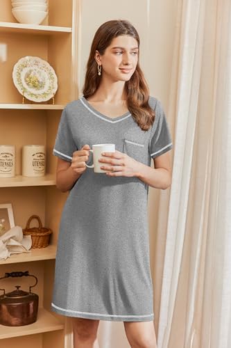 Image of Ekouaer Nightgowns for Women Short Sleeve Sleep Shirts V Neck Nightshirts Soft Sleepshirt Caual T Shirt Sleepdress
