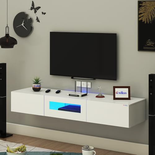 Image of Anikaa Lucen Wall Mount Modern Floating TV Unit for Living Room | 3 Closed Storage cabinets with hinged Door - Blue Color LED Light | Ideal for UP to 65 Inch TV (White Finish - DIY Installation)