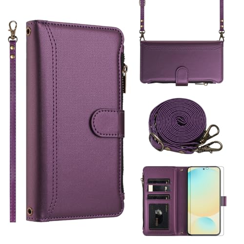 Asuwish Phone Case for Samsung Galaxy S24 FE 5G Wallet Cover with Tempered Glass Screen Protector and Crossbody Wrist Strap Leather Flip Zipper Credit Card Holder Cell S 24 EF AI S24FE 24S Men Purple by Asuwish - Used condition - CA$10.22