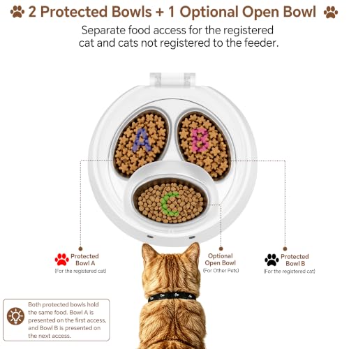 RFID Microchip Cat Feeder, 1 Tag Opens 2 Hidden Bowls, Anti-Theft | 3 removable stainless bowls (2 protected + 1 open), quiet rotating access, 2-4 in tag range, cordless 10 days or plug-in - Image 3