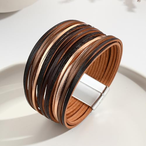 Image of Fesciory Leather Wrap Bracelets for Women, Boho Leopard Multi-Layer Crystal Beads Cuff Bracelet Jewelry