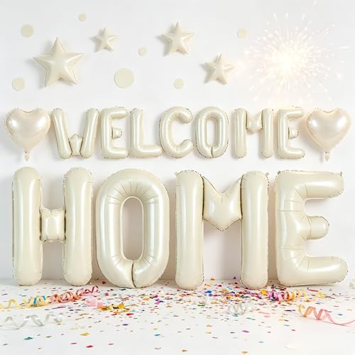 Image of TONIFUL 2 Size Cream White WELCOME HOME Foil Letter Balloons Banner Decor