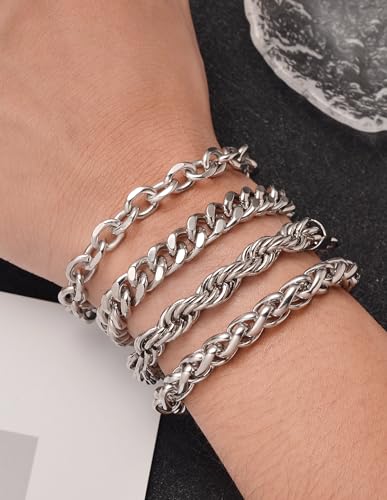 Akeoqi 6Pcs Chains Bracelets for Men Women 8mm Stainless Steel Cuban Figaro Twist Rope Paperclip Keel Link Chain Bracelet Sets Jewelry Gifts for Dad Boyfriend Husband 7.5/8.3/9 Inches Silver Tone3