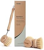 Vove Bamboo Washing Up Brush, FSC-Certified - Includes 3 Replacement Heads - Natural Fibre Bristles - Non-Toxic, Plastic-Free - Kitchen Scrub Brush for Pots, Pans & Dishes