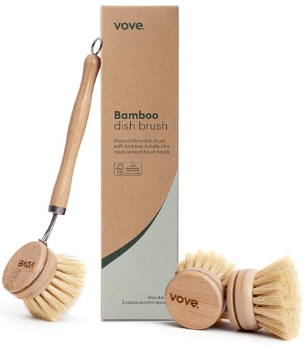 Vove Bamboo Dish Brush, FSC-Certified - Includes 3 Replacement Heads